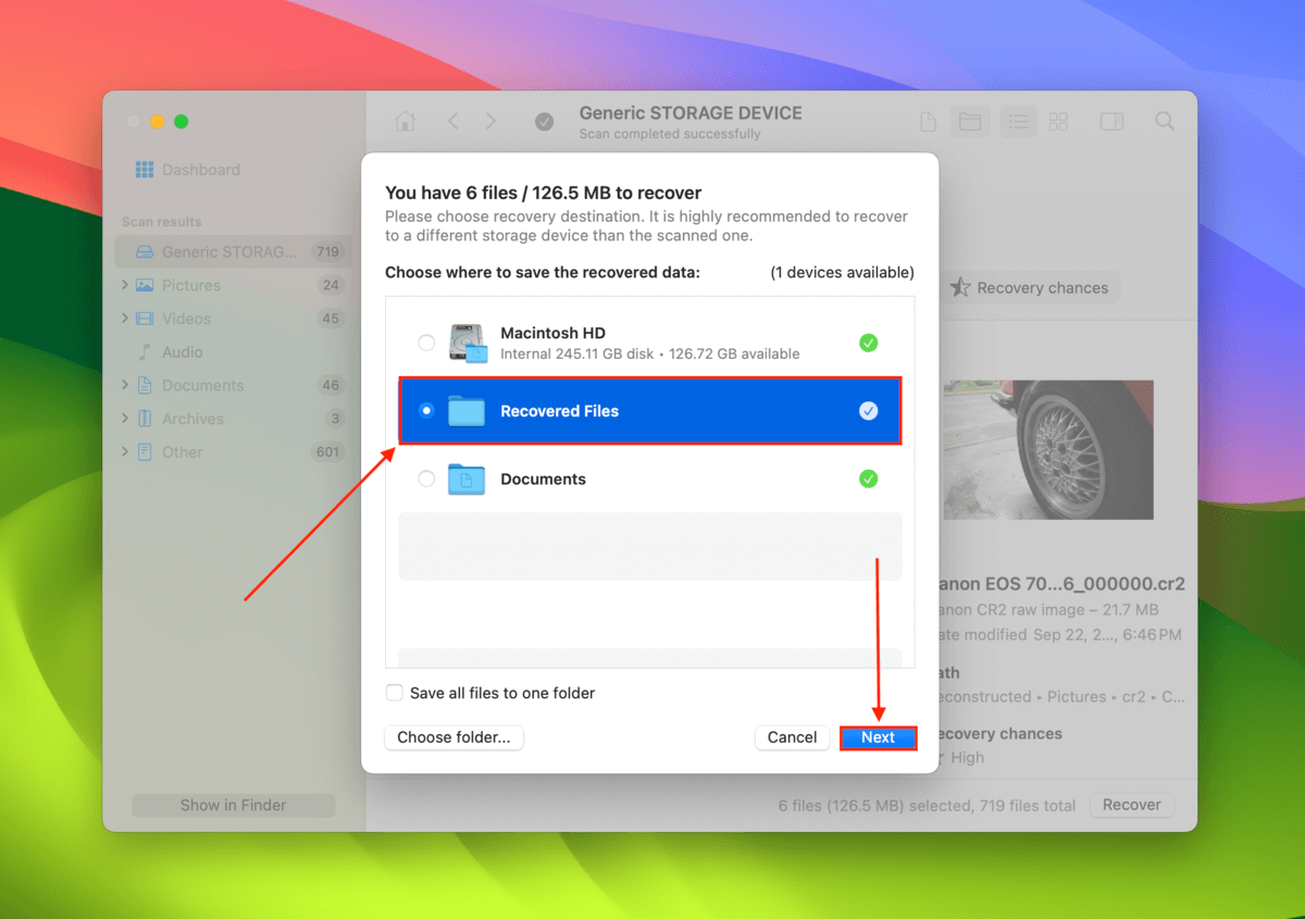 Disk Drill destination selection dialogue box