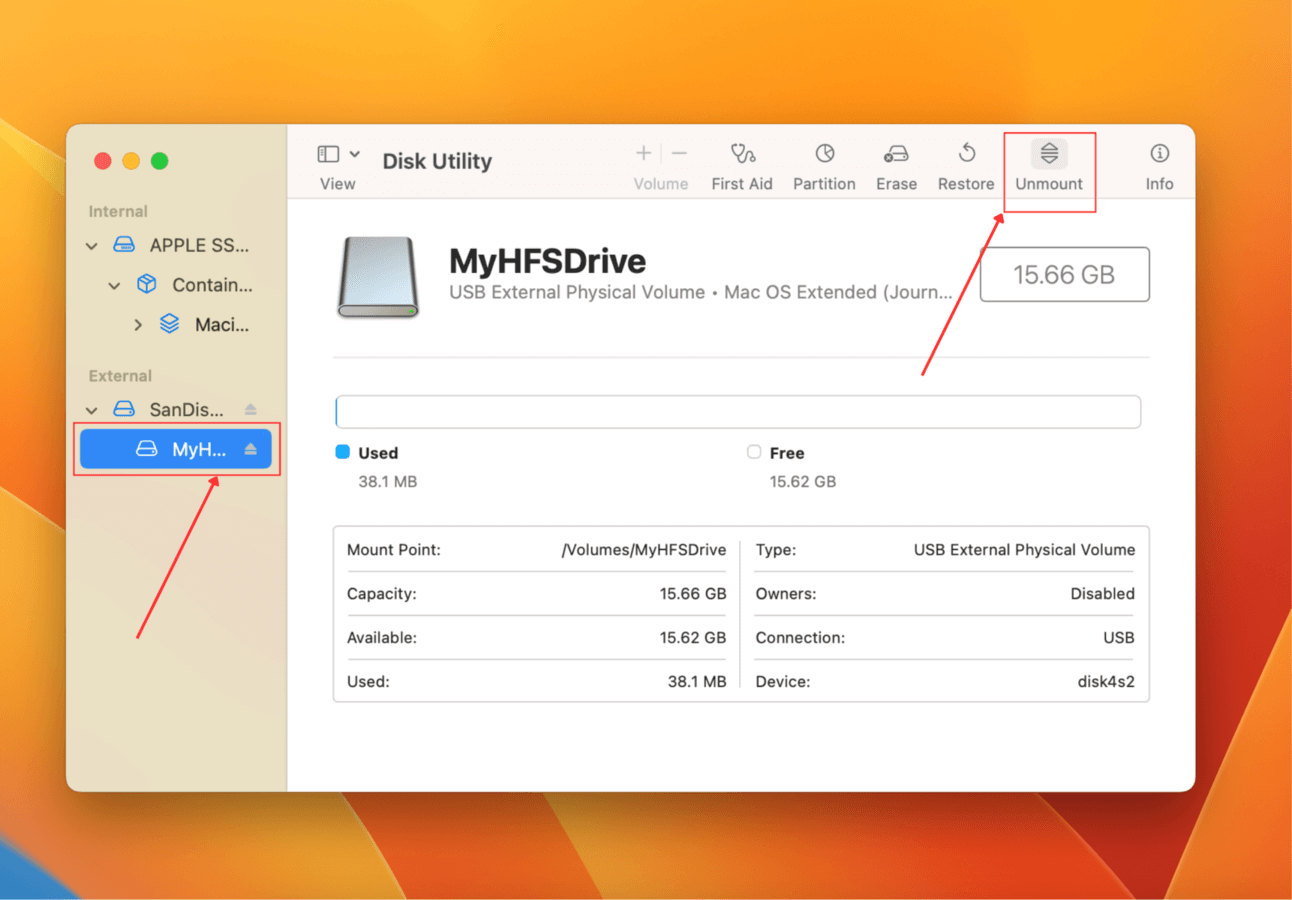 Unmount in Disk Utility