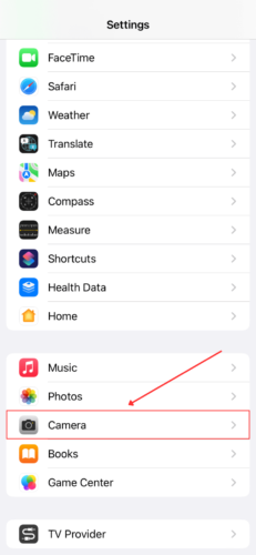 Camera App in Settings