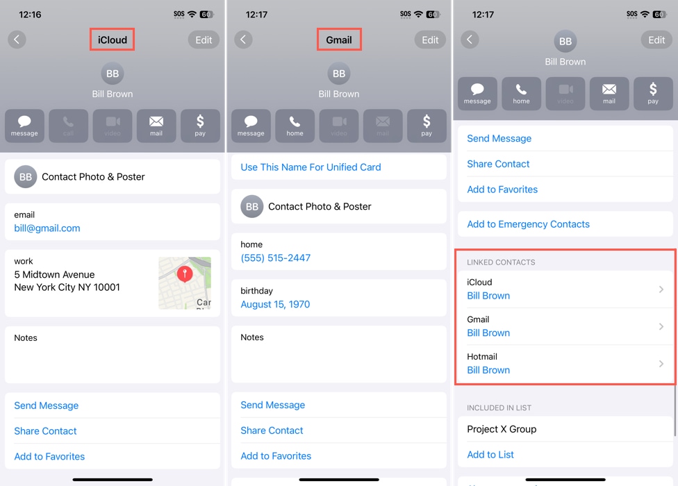 Linked contact from iCloud and Gmail accounts