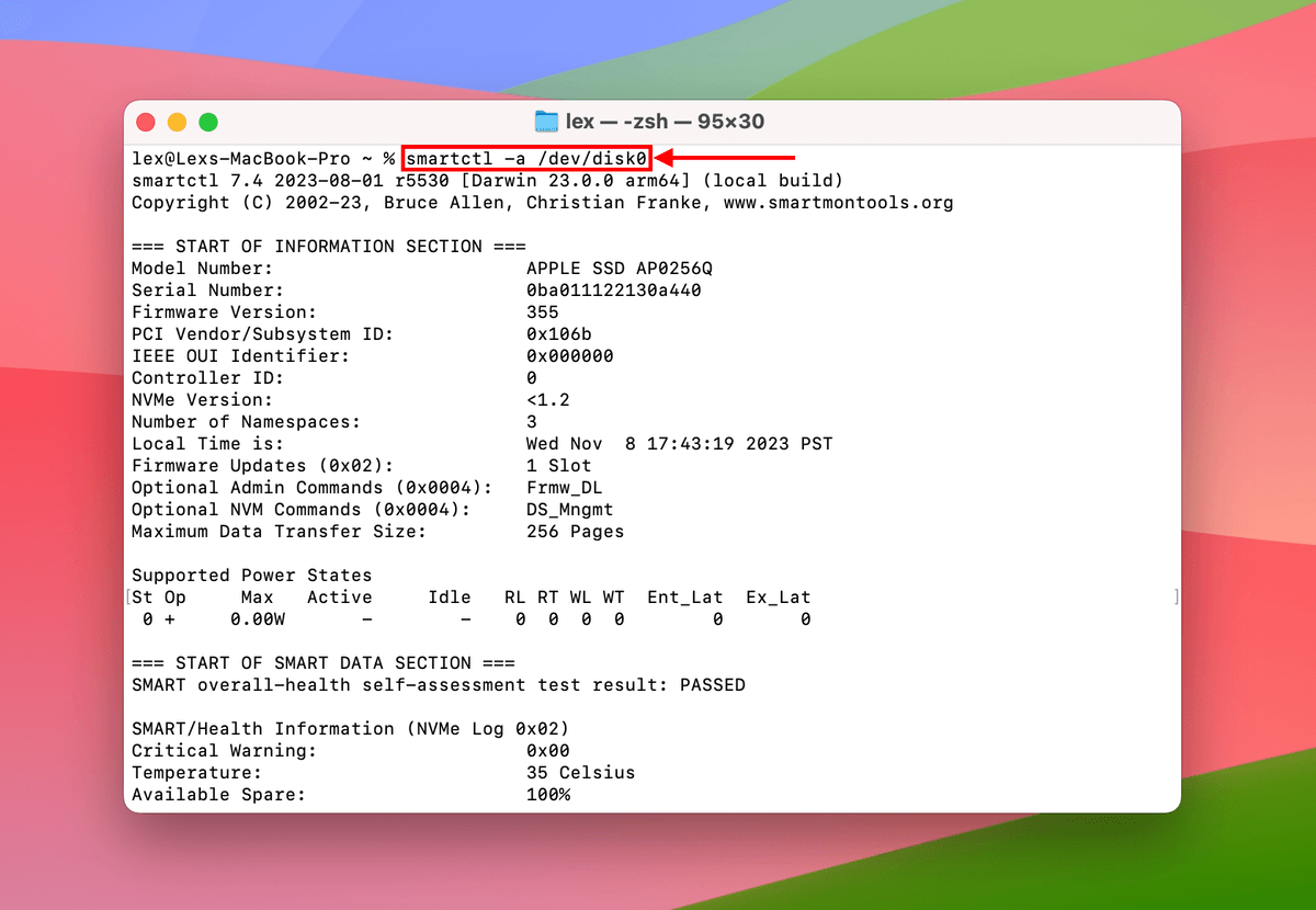 type command smrtctl-a/dev/disk0, hot return