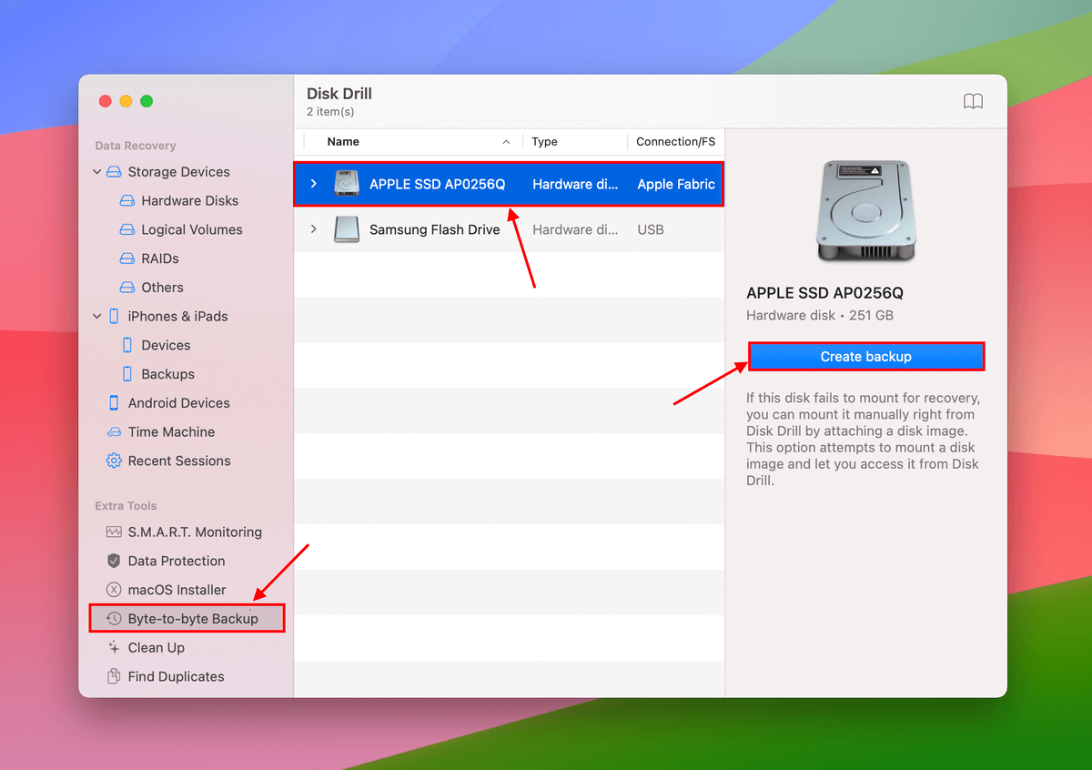 create backup in byte-to-byte back up in Disk drill