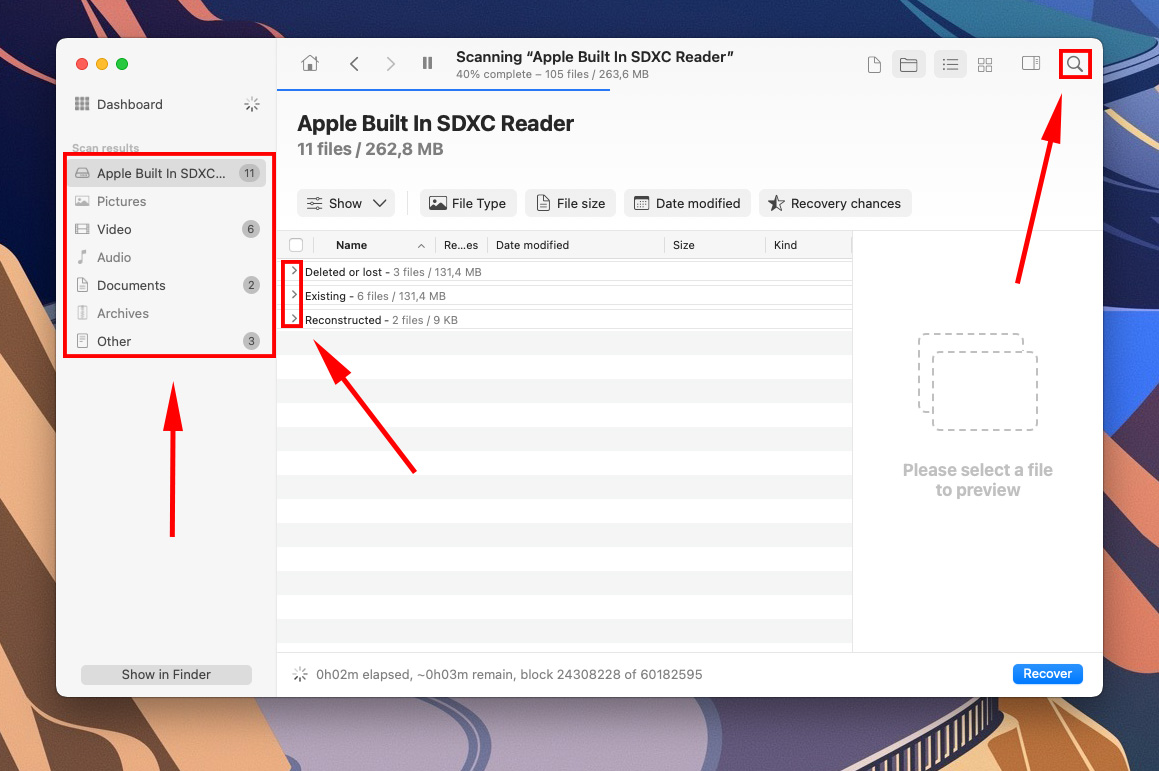 Disk Drill search bar and file type sidebar