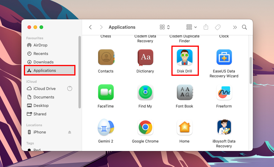 DIsk Drill icon in the Finder Applications folder