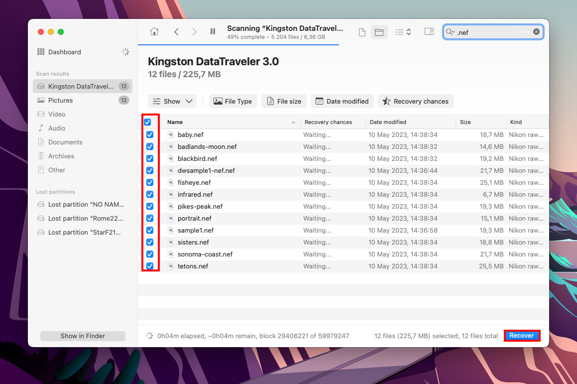 Disk Drill file selection column