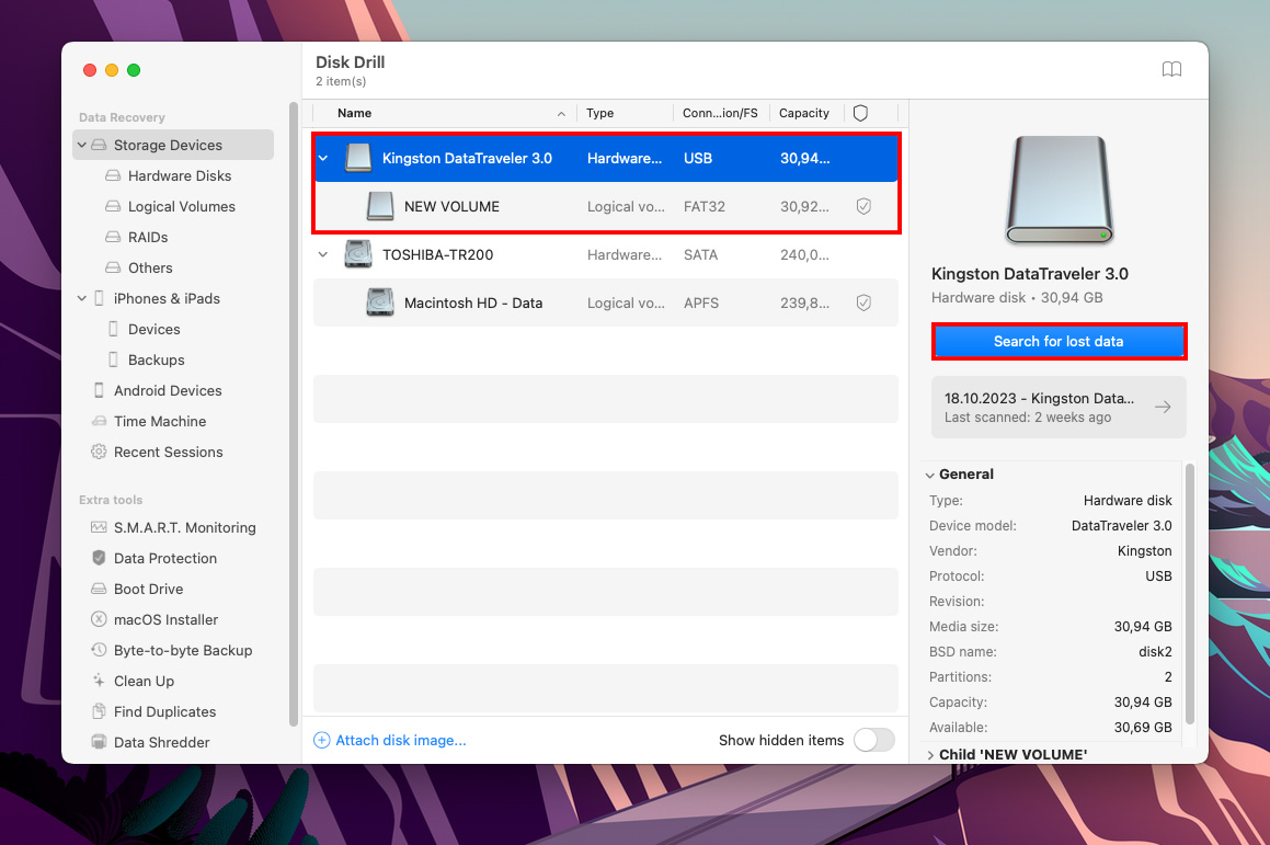 Disk Drill drive selection screen