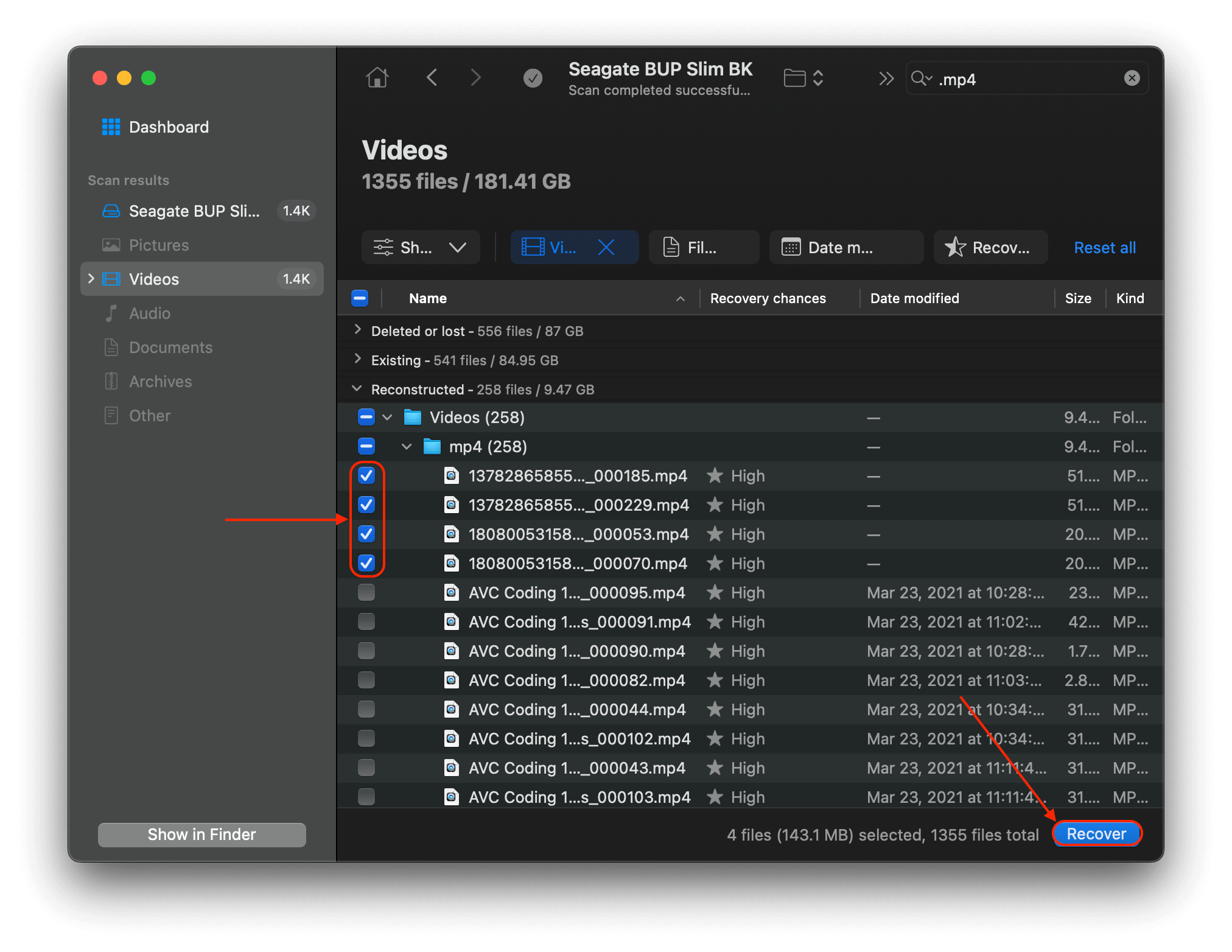 Disk Drill recovery selection and Recover button