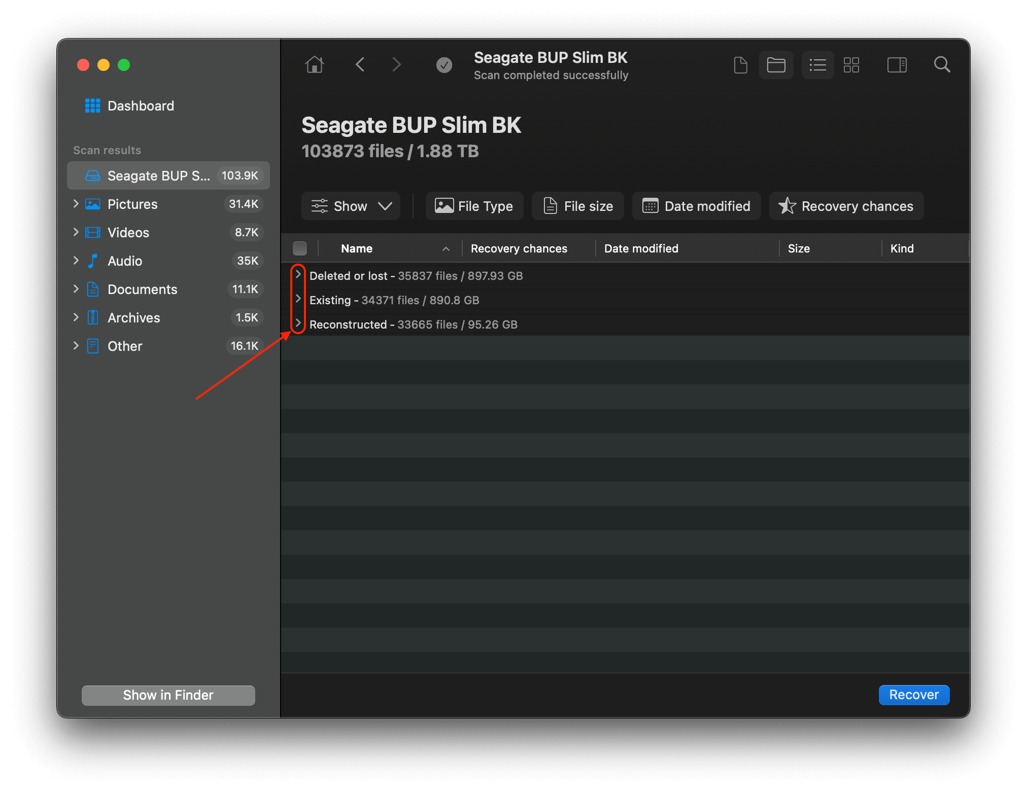 Disk Drill found files by scan type