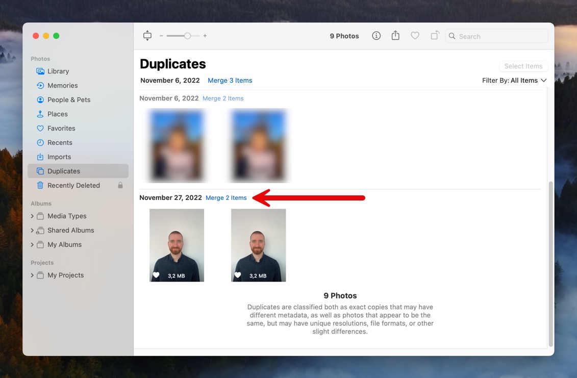 merge duplicates in photos app