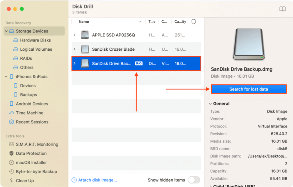 Disk Drill drive selection screen