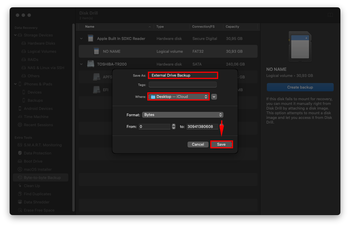 byte-to-byte backup settings