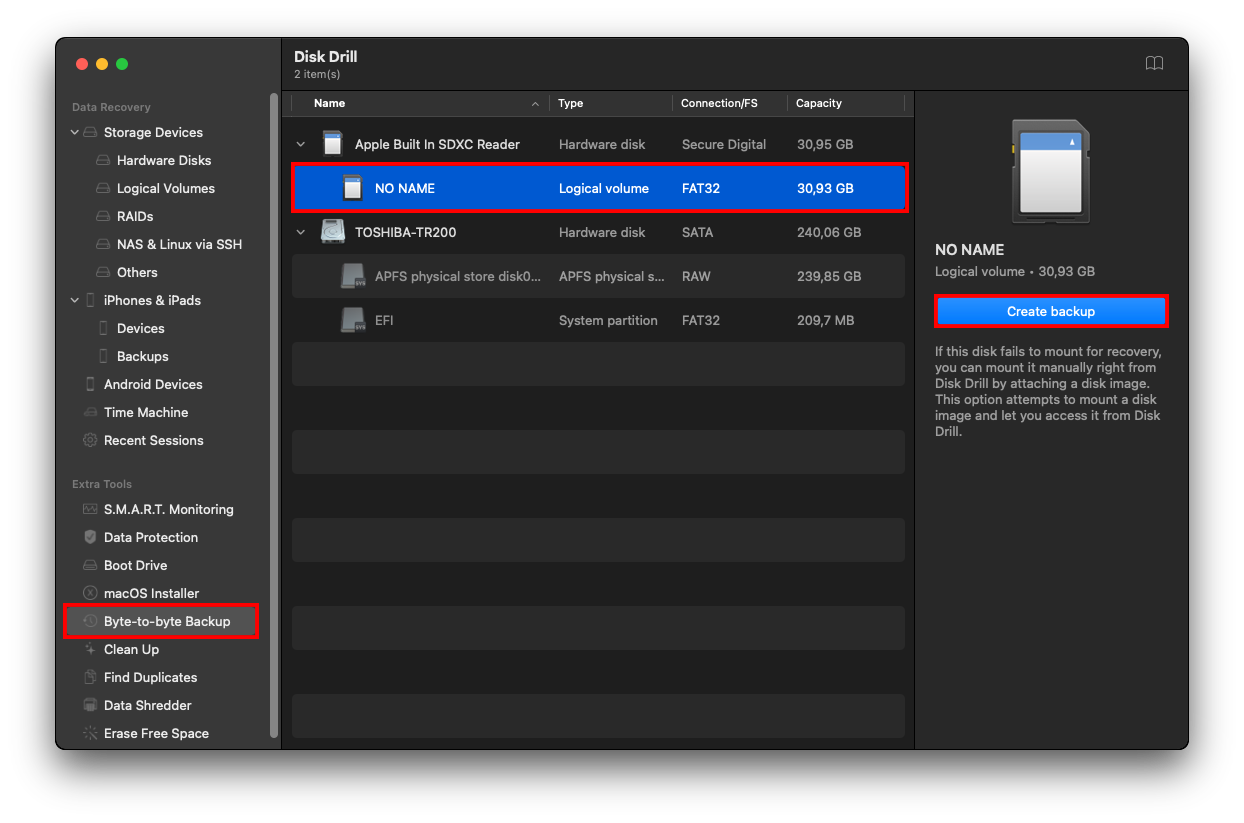 Disk Drill select drive for byte-to-byte backup