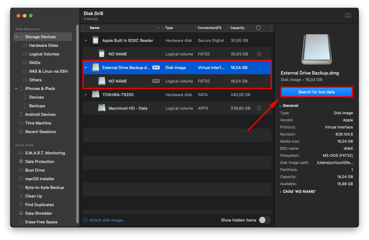 Disk Drill select backup image for scanning