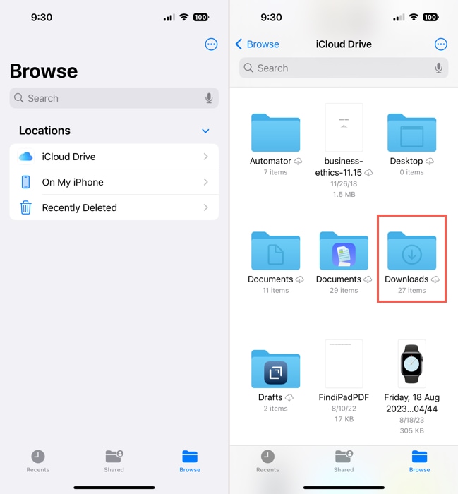 Downloads folder in iCloud Drive in Files