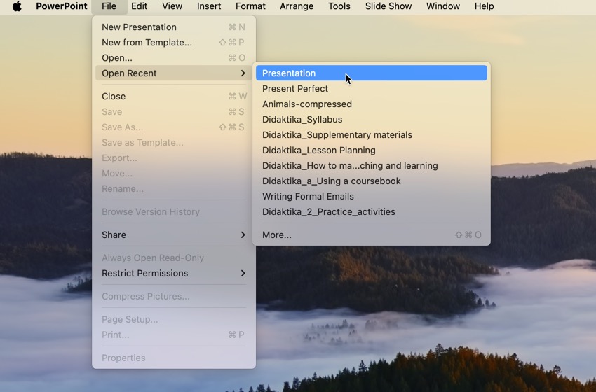 powerpoint open recent presentation