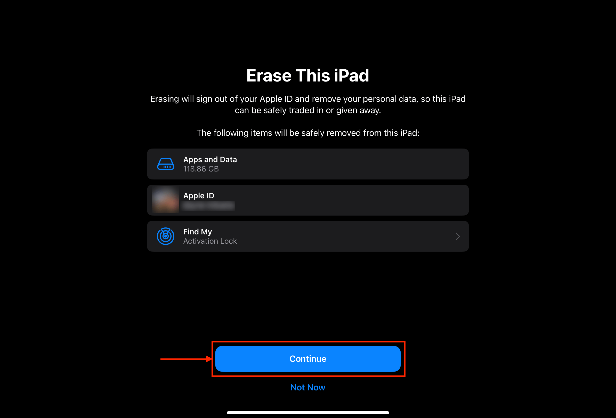 Factory Reset wizard for iPad