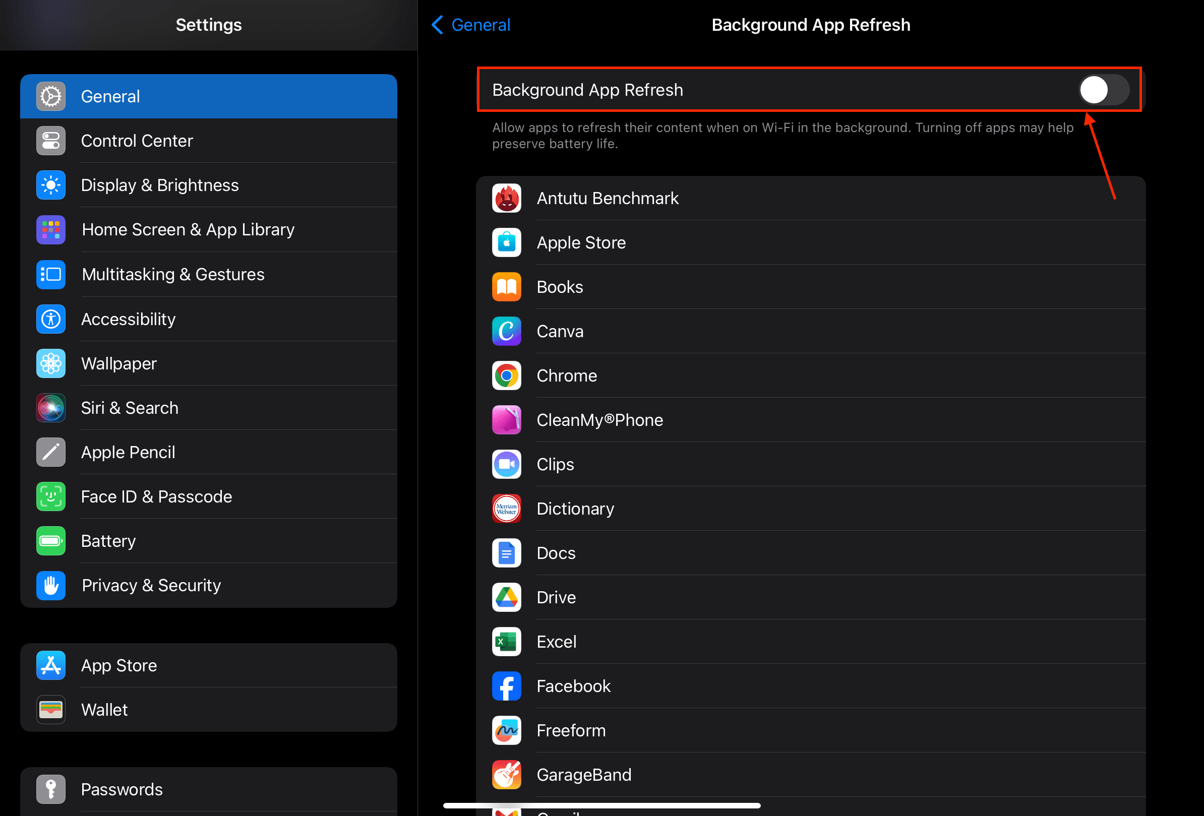 Background App Refresh Settings for iPad