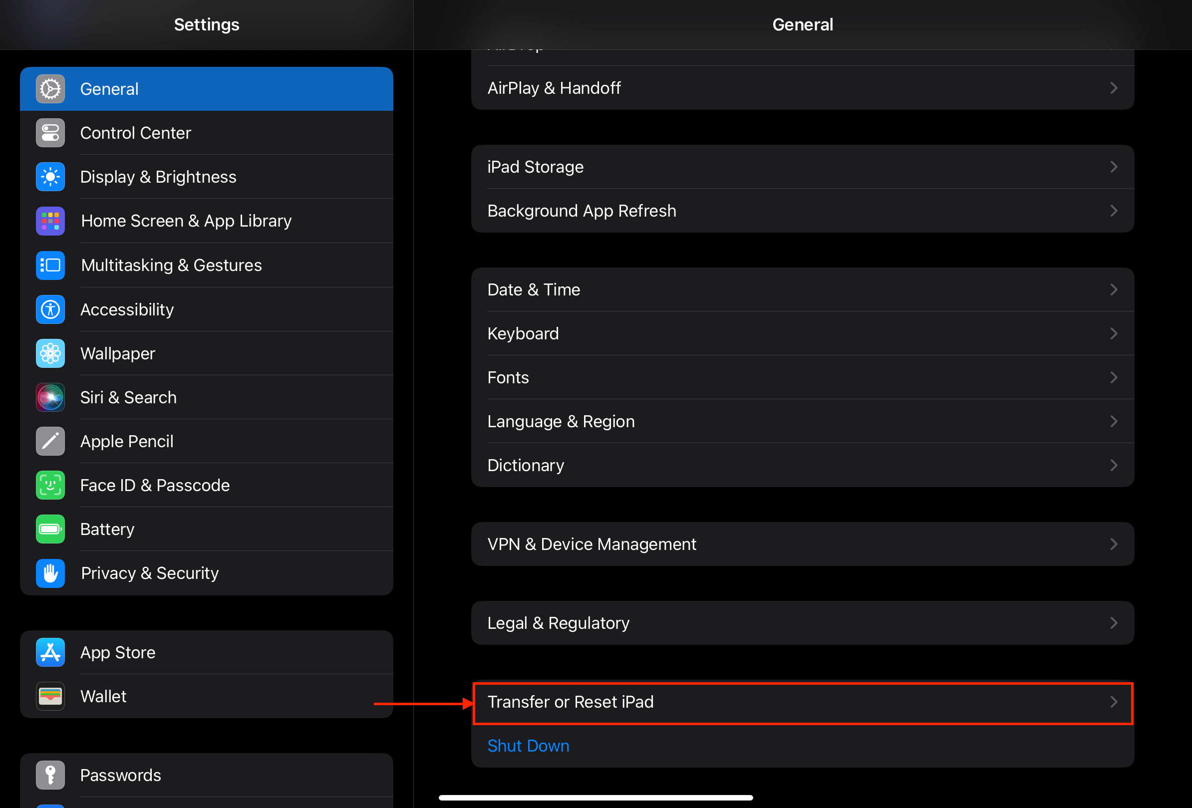 Transfer or Reset iPad button in General Settings