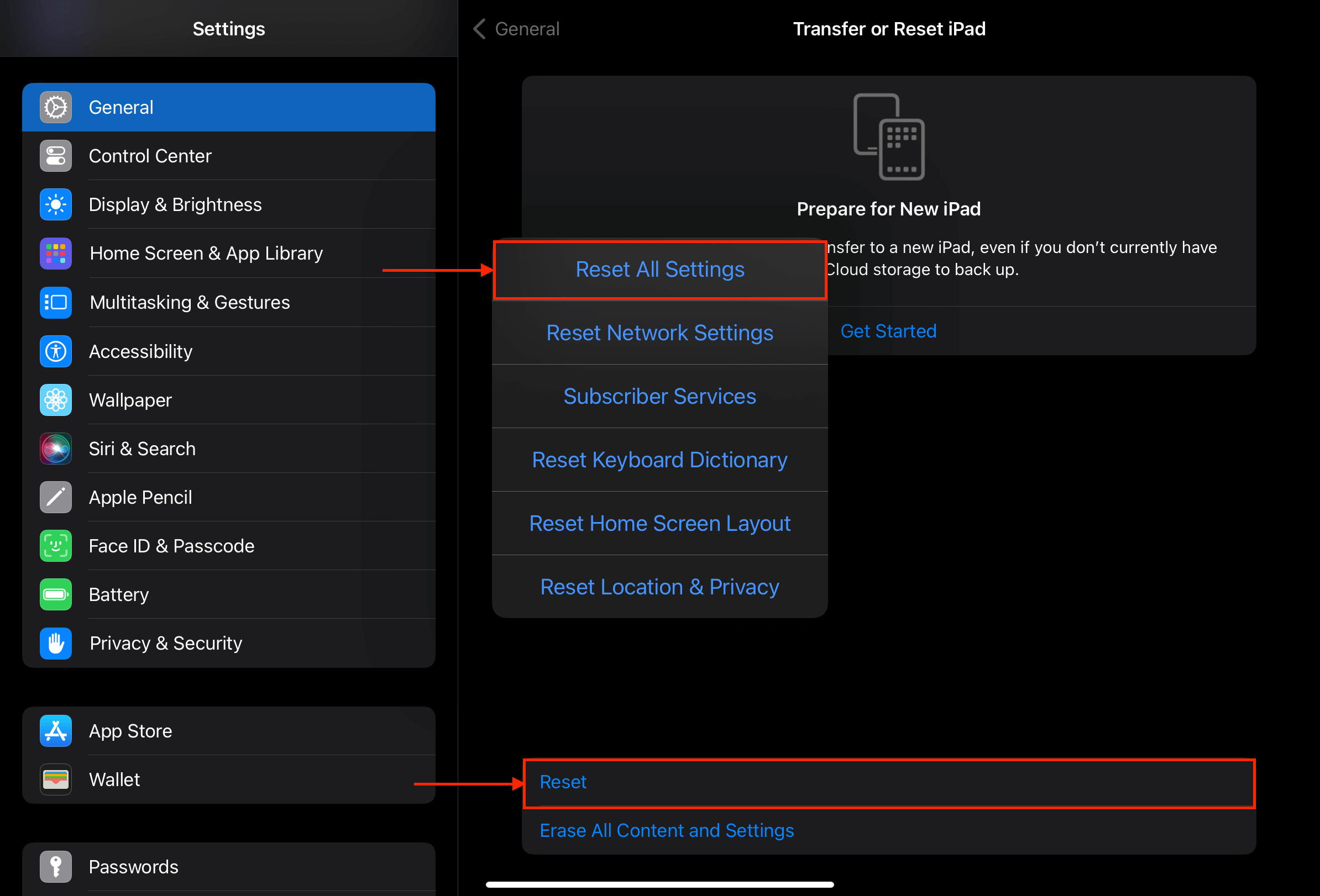 Reset All Settings button in iPad Settings