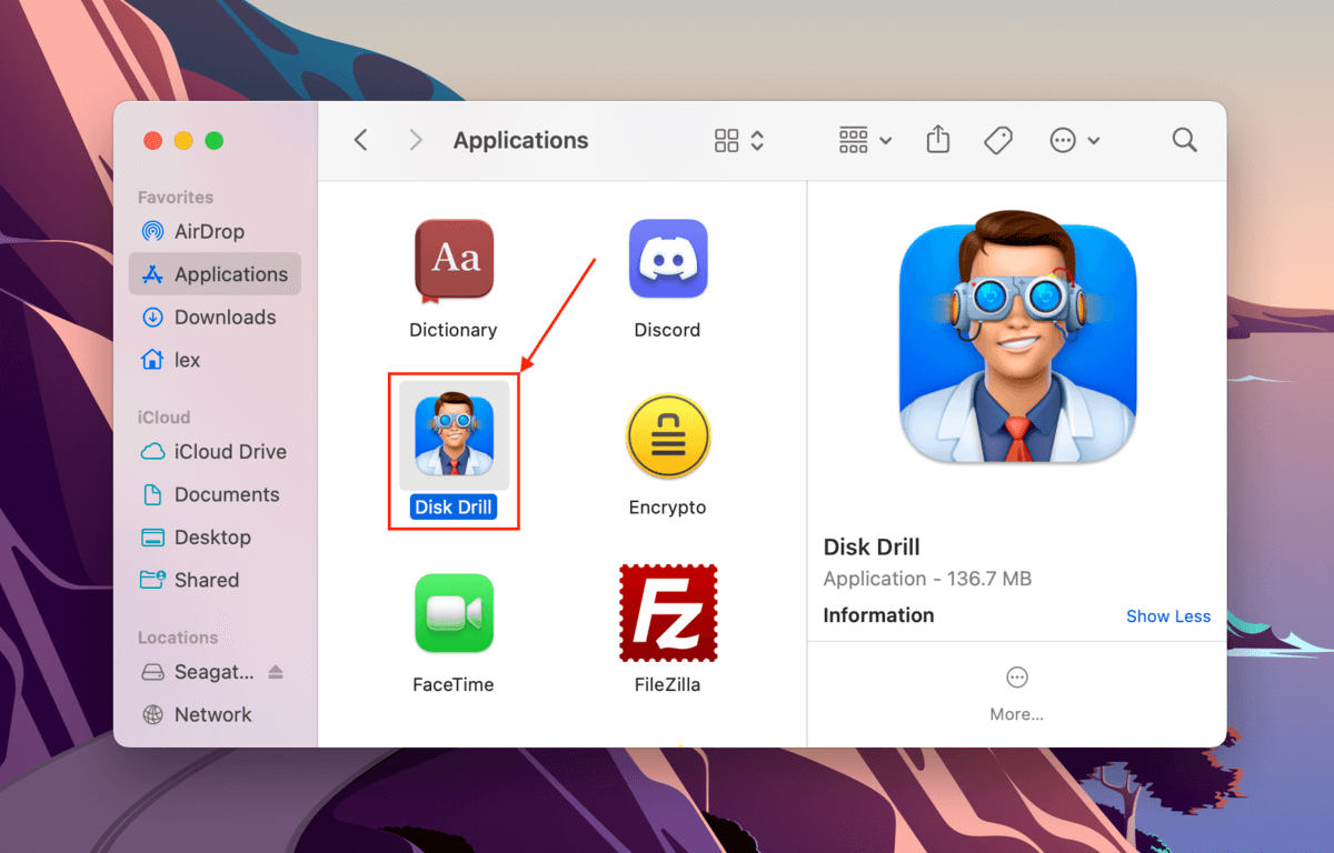 Disk Drill app icon in the Applications folder