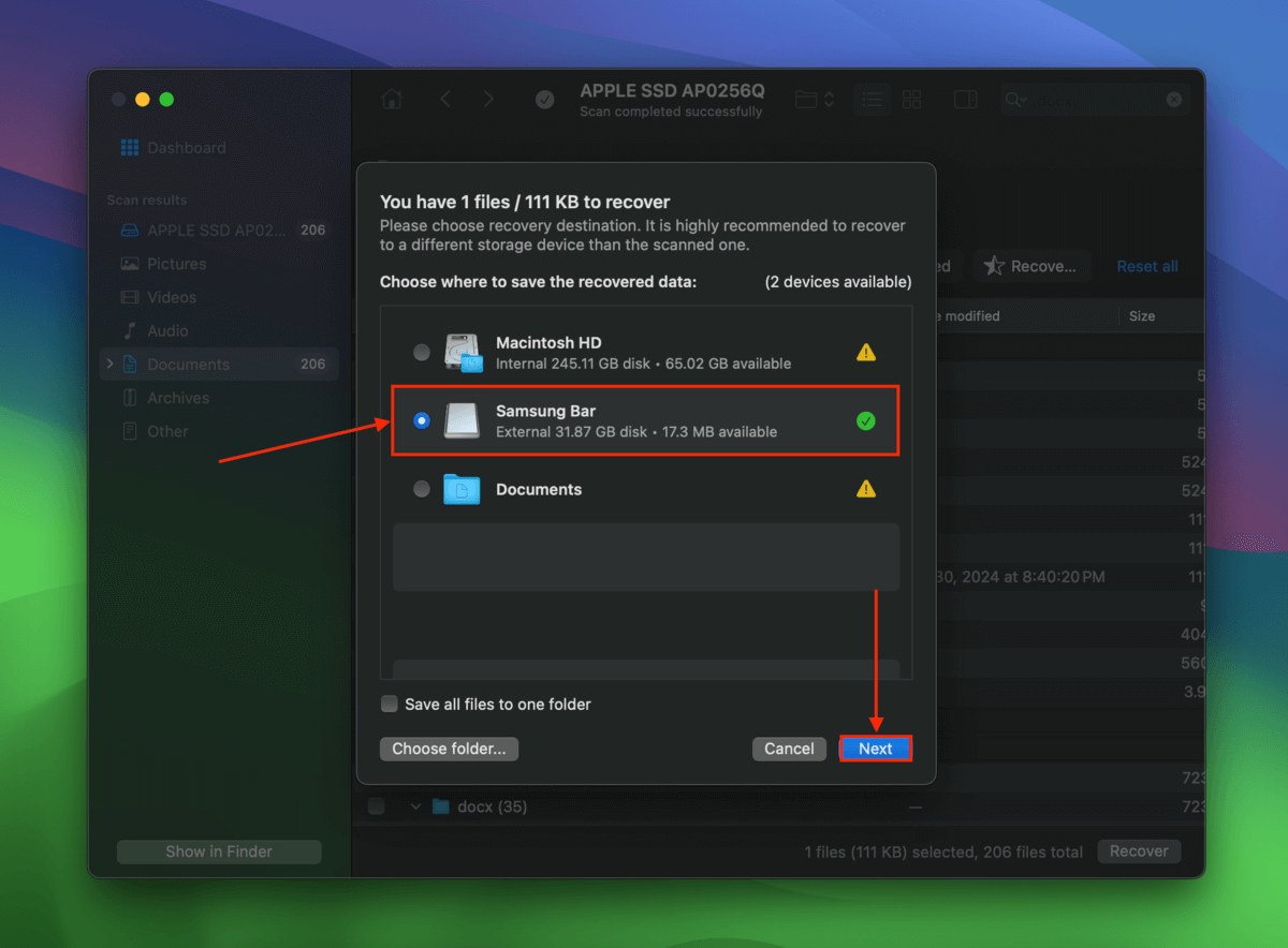 Disk Drill destination menu