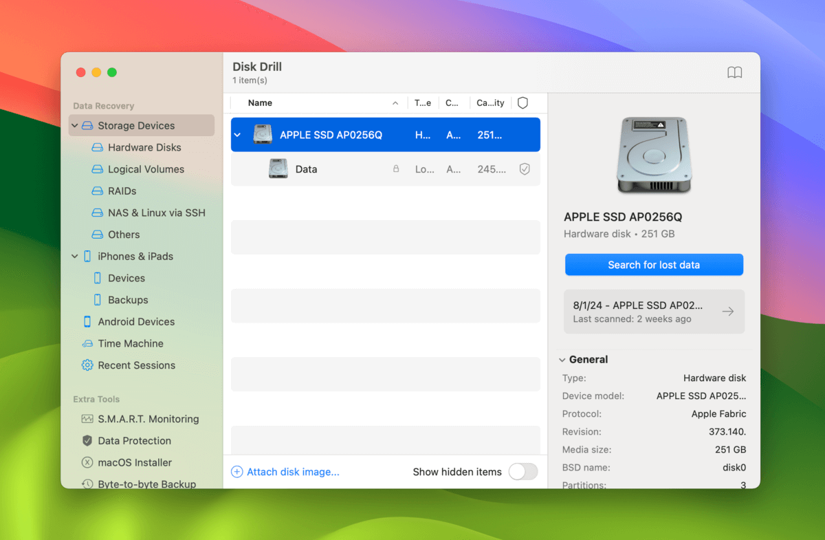 Mac drive selected in Disk Drill's disk selection menu