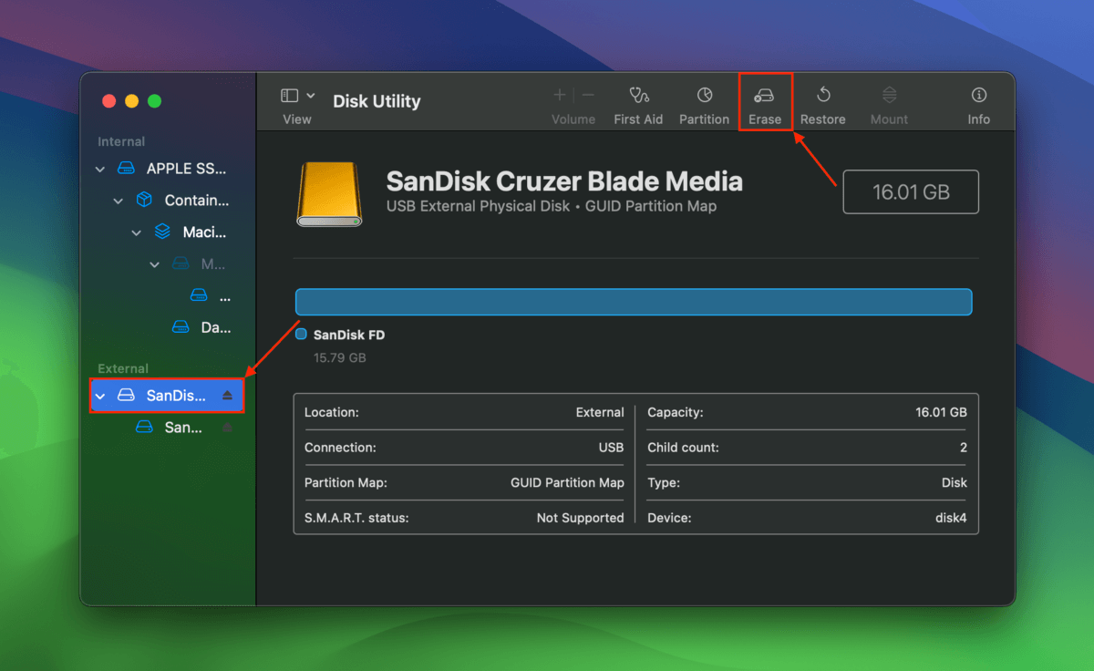 Disk Utility Erase tool