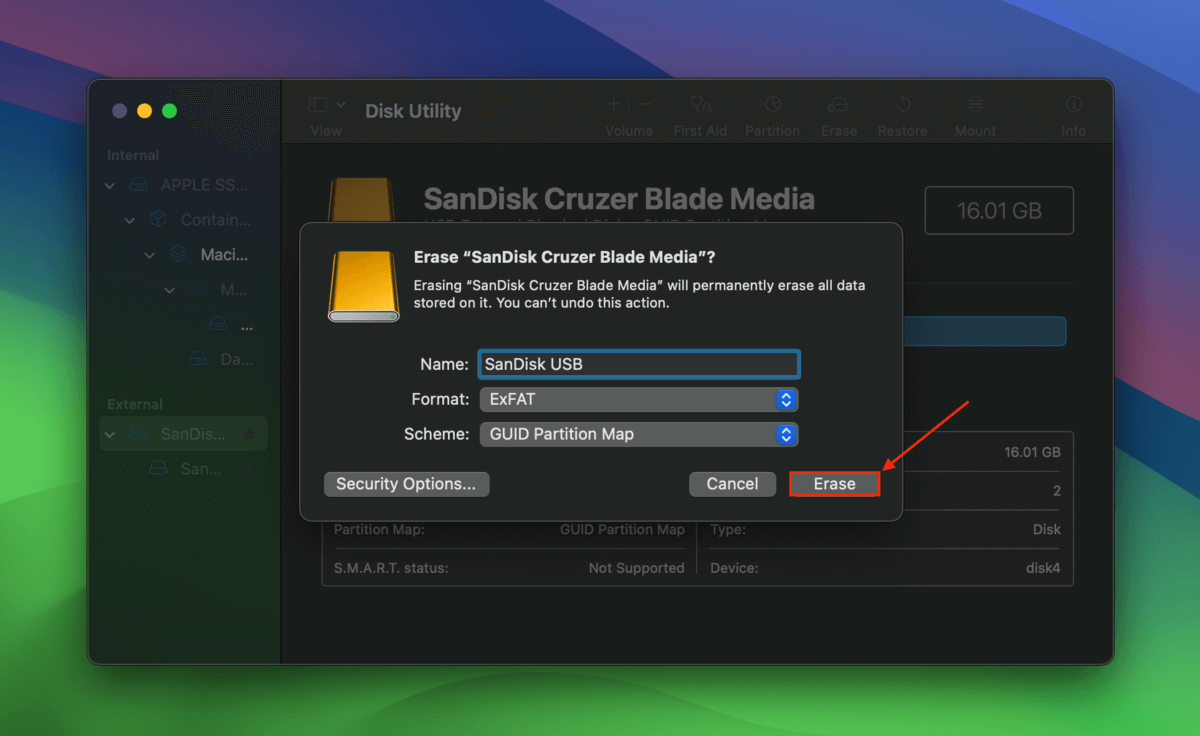 Erase dialogue in Disk Utility