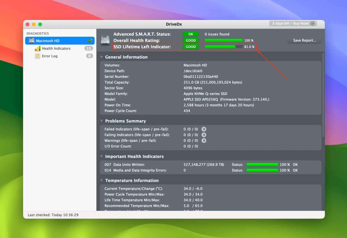 SSD Lifetime Left Indicator parameter in DriveDx