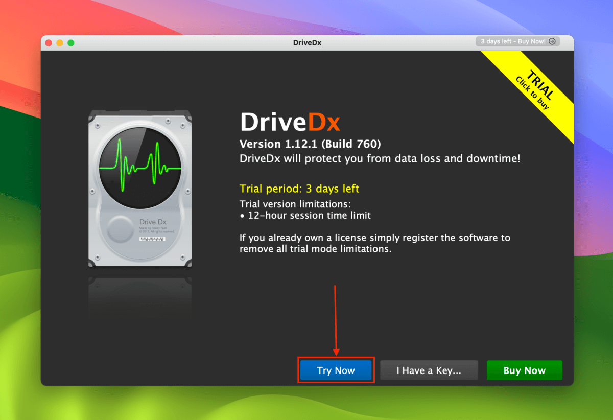 DriveDx app trial dialogue window