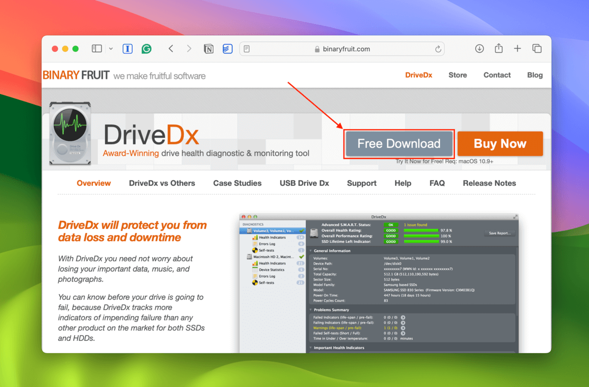 DriveDx download button in the developer's official website