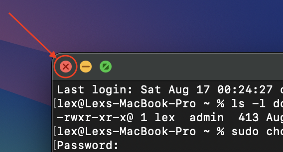 Close window button in the Terminal app