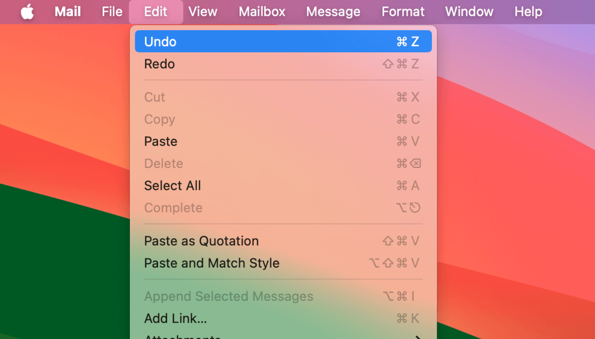 Undo Attach File command in Mail's Edit menu