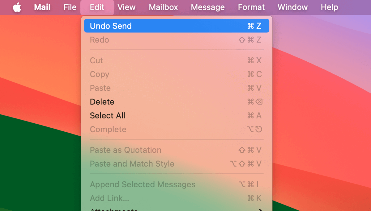 Undo Send command in Mail's Edit menu