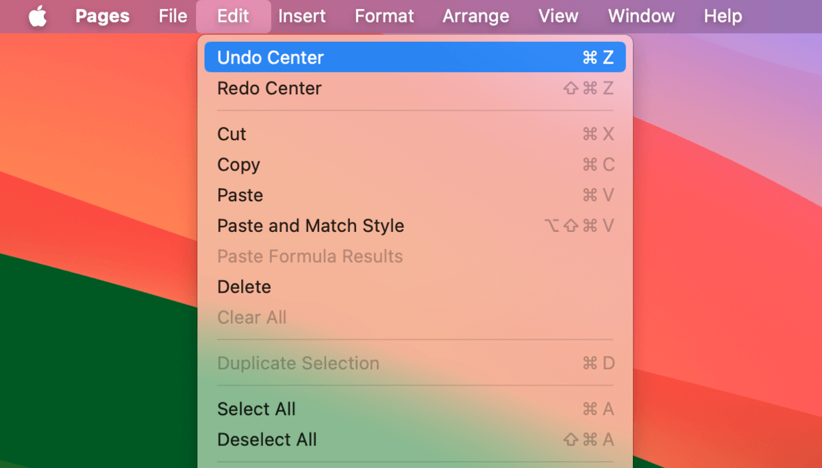 Undo Center command in Pages' Edit menu