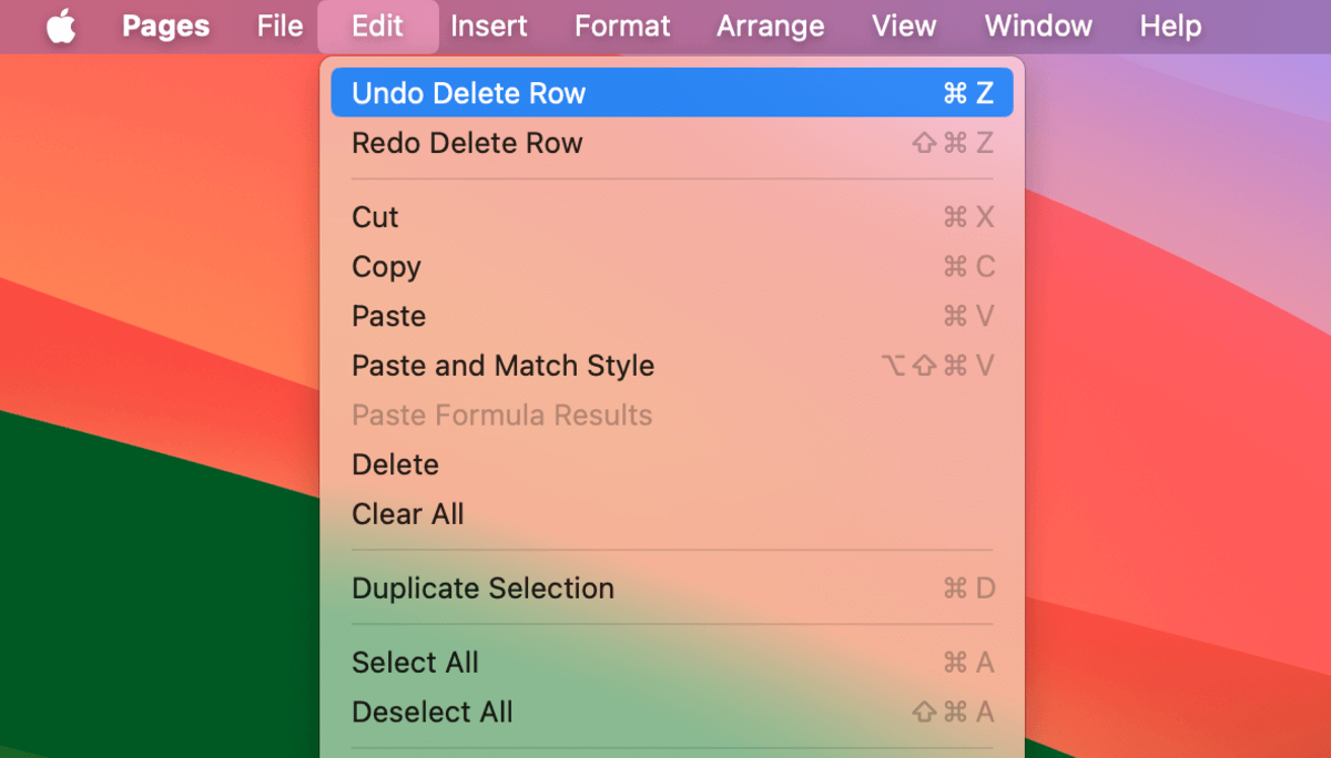 Undo Delete Row command in Pages' Edit menu