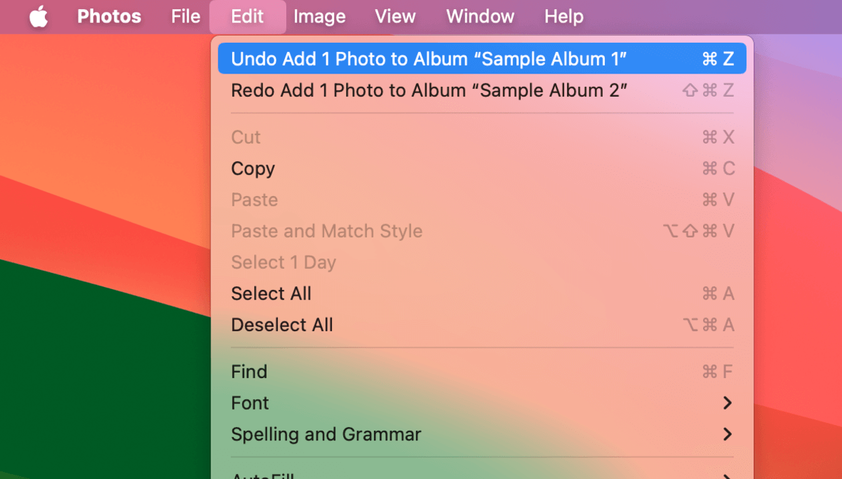 Undo Add to Album command in Photos' Edit menu