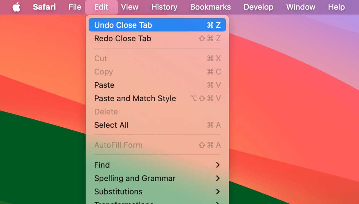 Undo Close Tab command in Safari's Edit menu