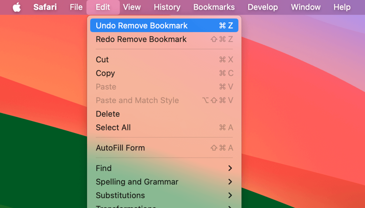 Undo Remove Bookmark command in Safari's Edit menu