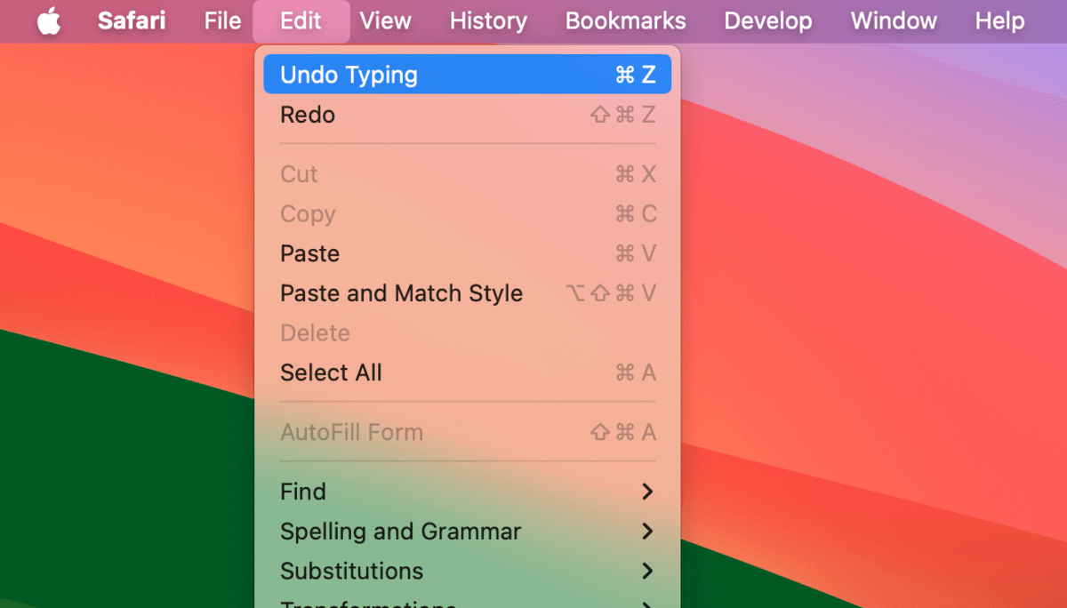 Undo Typing command in Safari's Edit menu