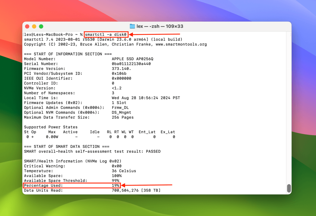 Smartctl command output in the Terminal app