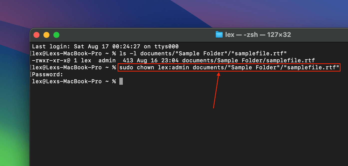 Transfer ownership command in the Terminal app