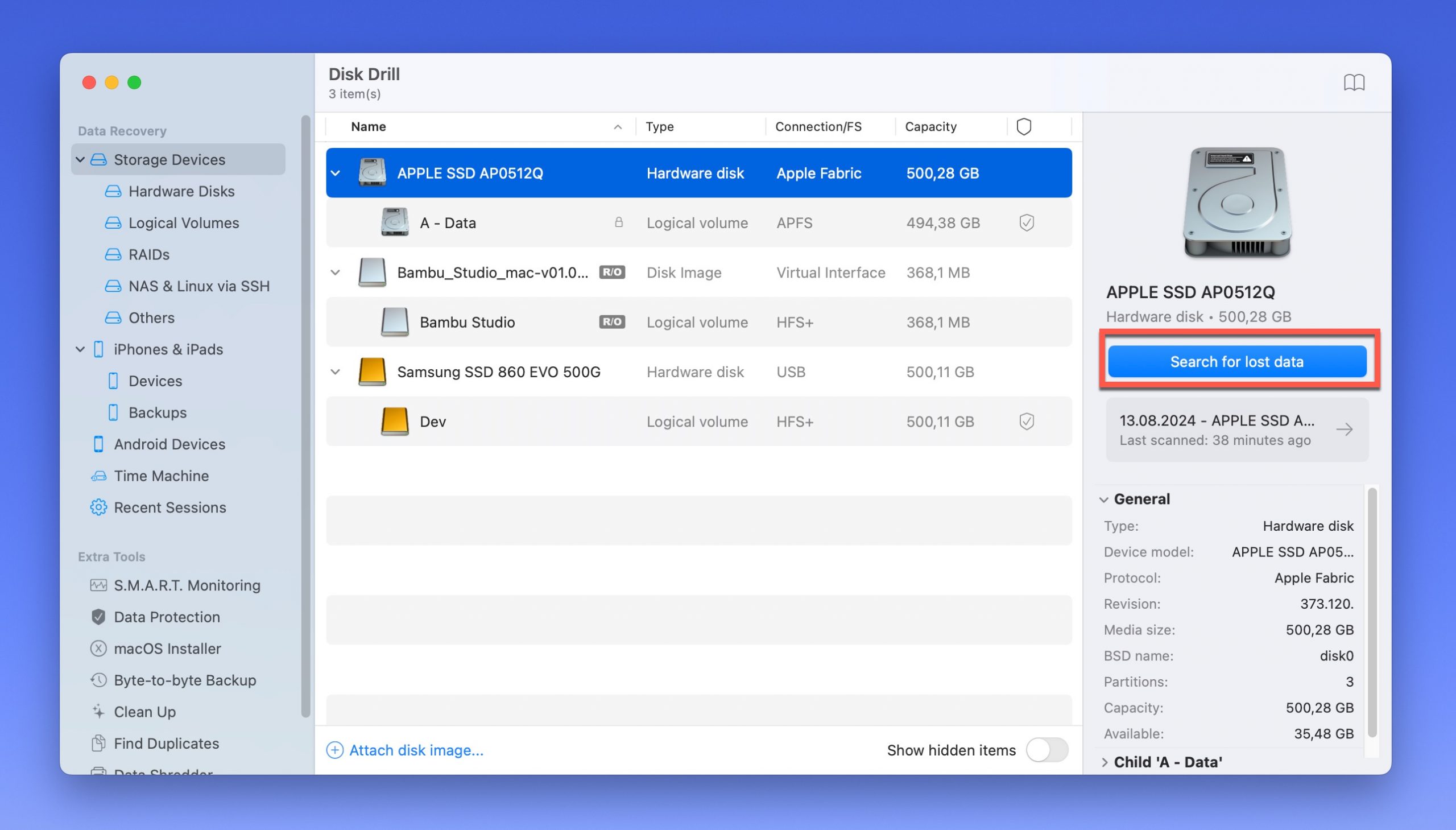 disk drill search for lost data blue background