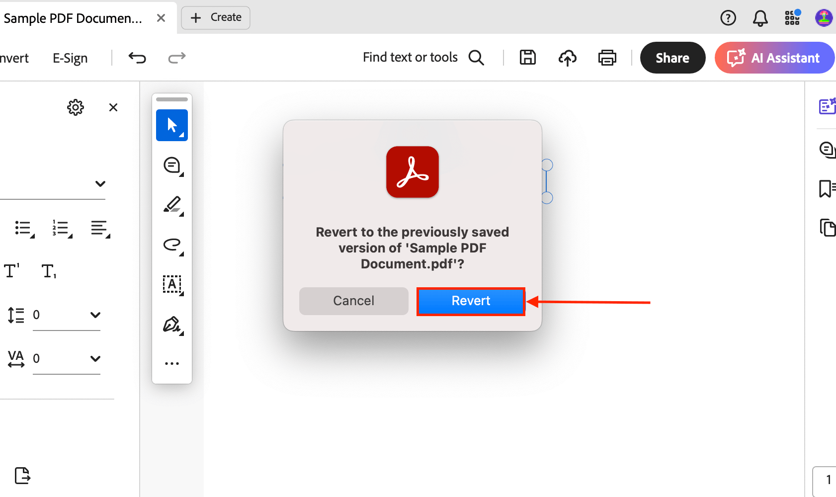 Adobe Acrobat Revert tool confirmation dialogue window