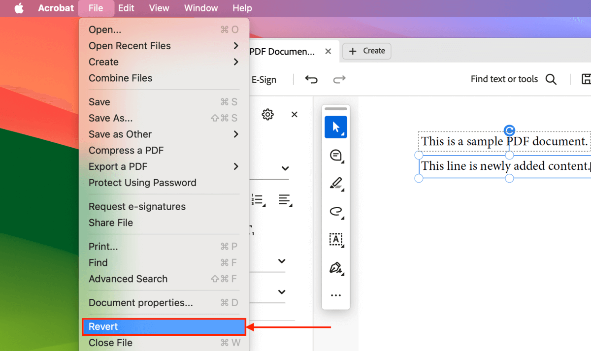 Revert tool in Adobe Acrobat's File menu