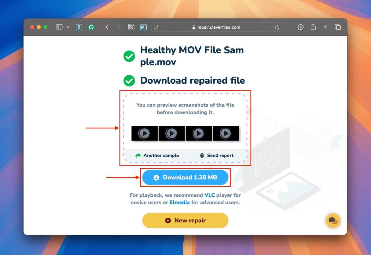 Clever Video Repair Tool preview and download buttons