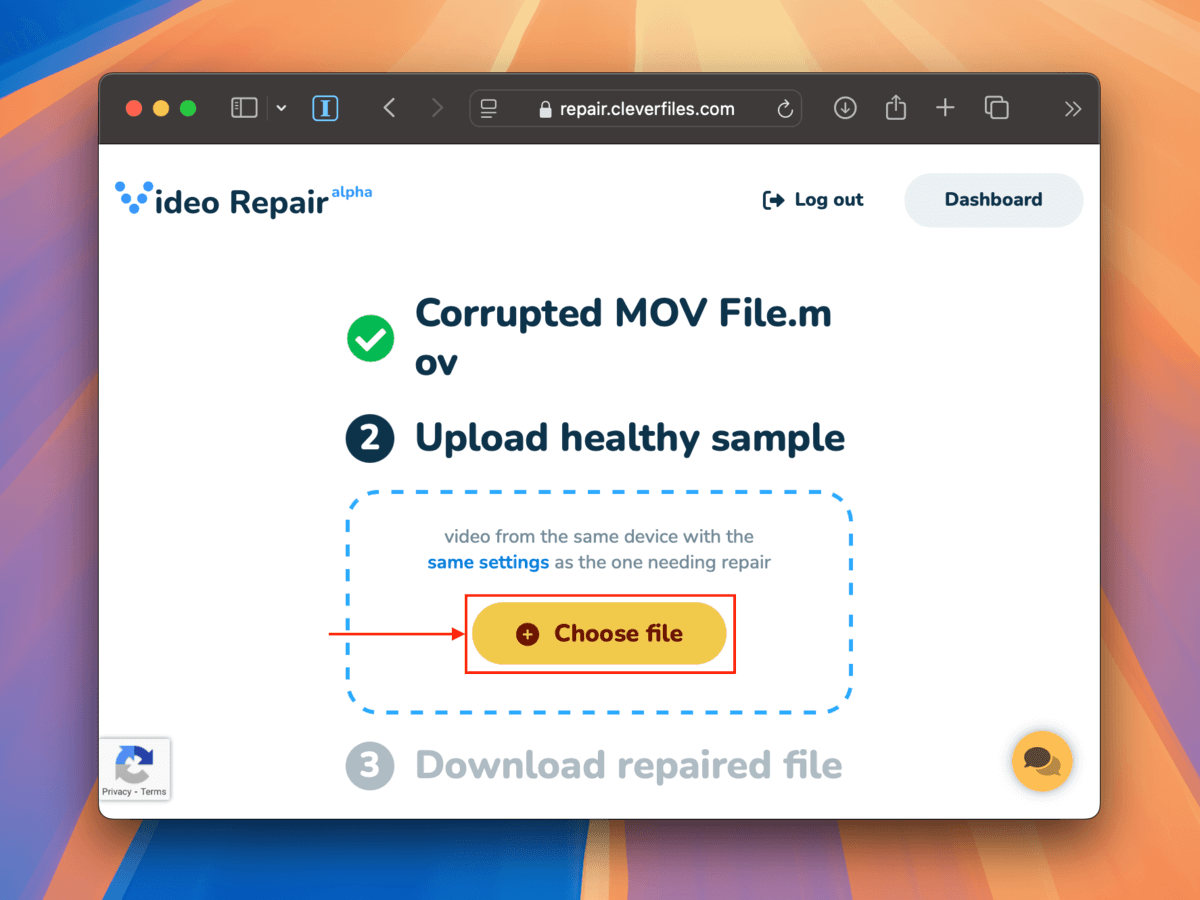 Upload Sample button in the Clever Video Repair Tool website