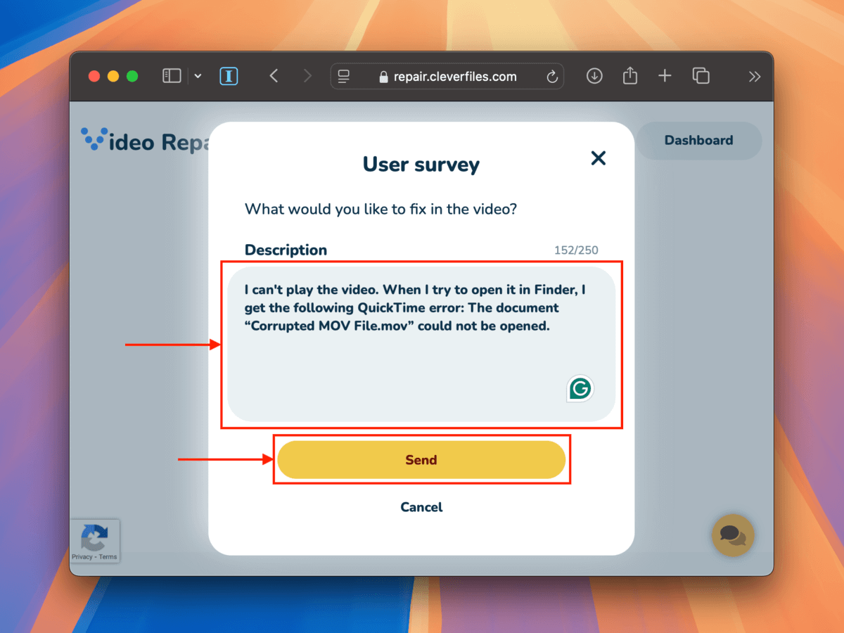 Clever Video Repair Tool survey popup dialogue