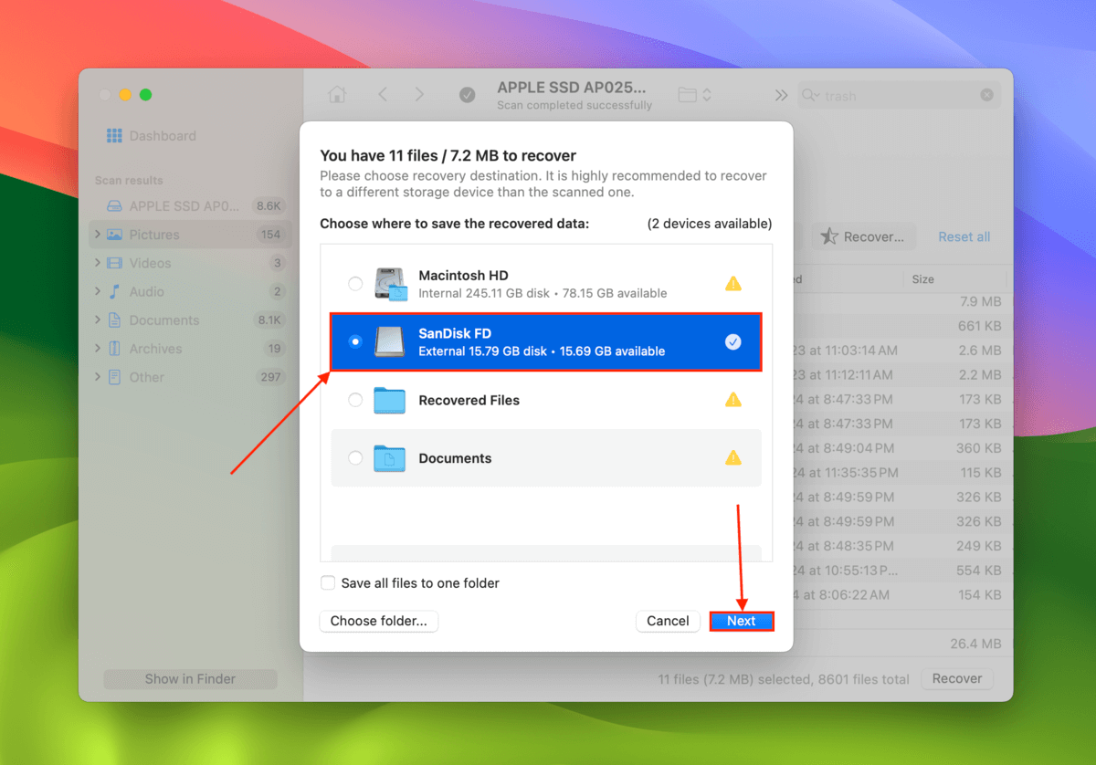 Disk Drill destination selection menu