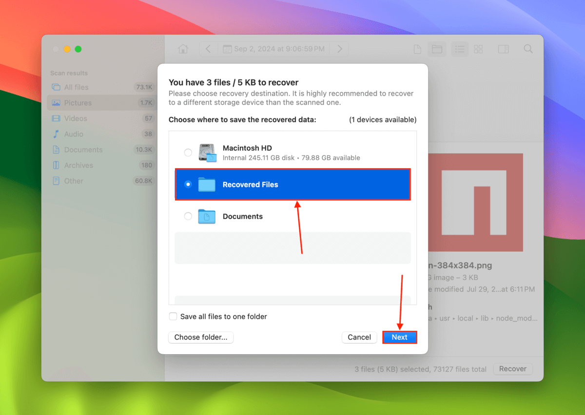 Disk Drill file destination selection menu